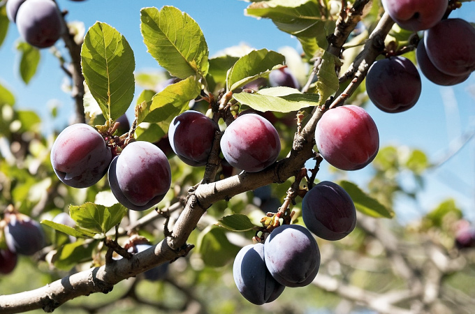 Nahaufnahme vom Zweig eines Pflaumenbaums mit zahlreichen Früchten